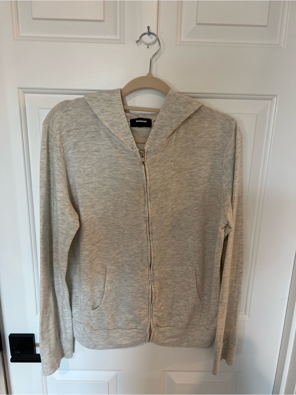 Monrow Heathered Light Beige Zip-Up Hoodie Jacket. Size L